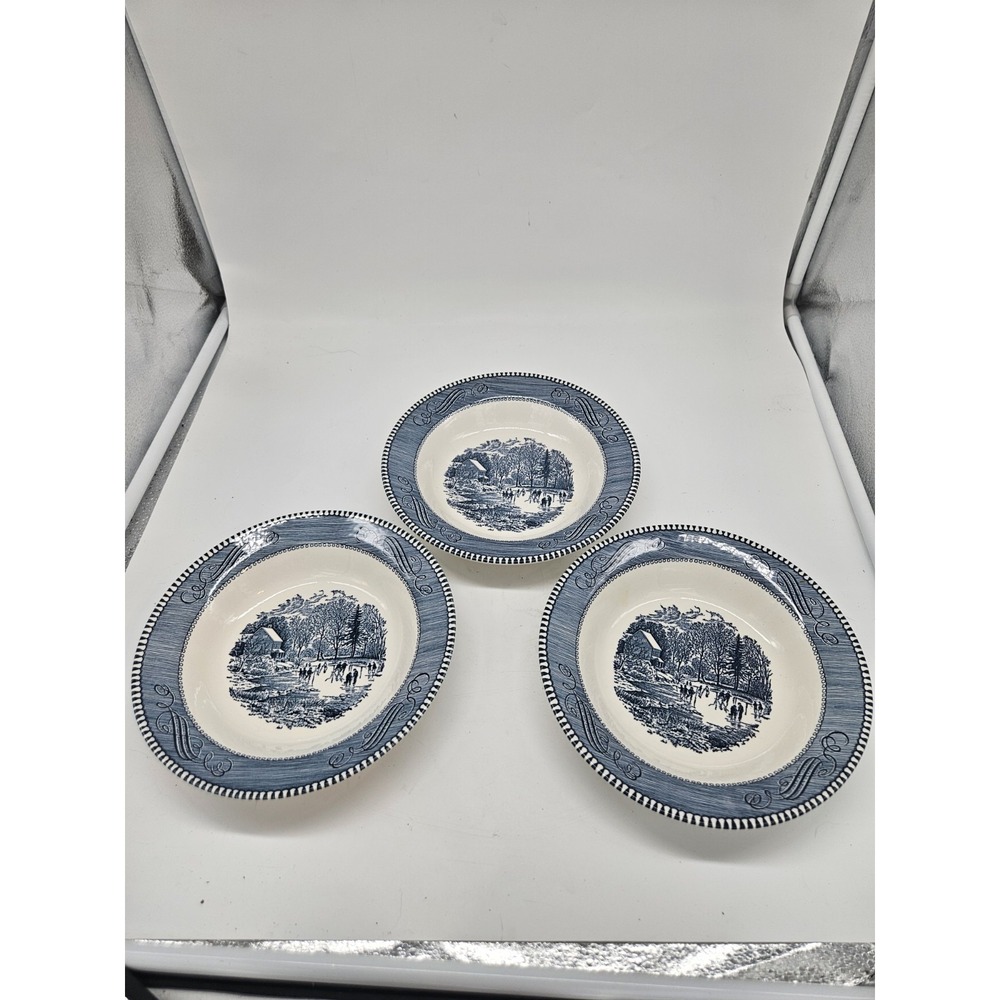 Currier & Ives Early Winter Soup Bowls 8-3/8" Made in USA Vintage Set Of 3